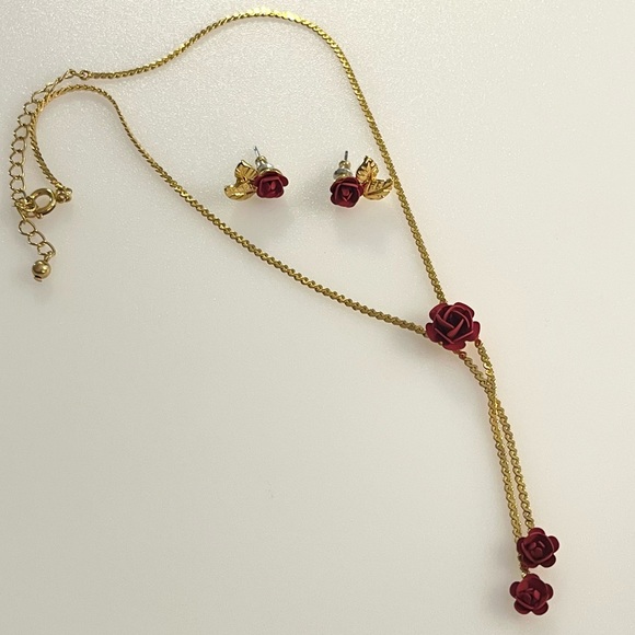 Vintage June Birth Flower Necklace and Earrings Set Gold Tone Red Rose Enamel - Picture 2 of 16